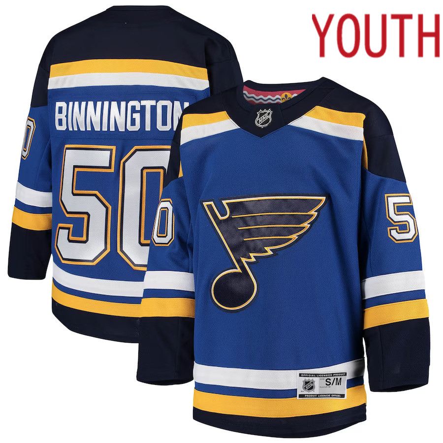 Youth St. Louis Blues #50 Jordan Binnington Blue Home Premier Player NHL Jersey